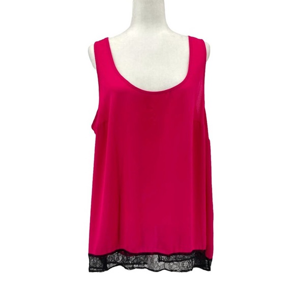 Torrid Fuchsia Sheer Sleeveless Scoop Neck Blouse Slit Back & Black Lace Trim - Picture 1 of 11